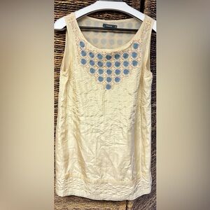 Theme Cream Long Sleeveless Top with Blue Embroidered Accents, Size:Medium, Silk